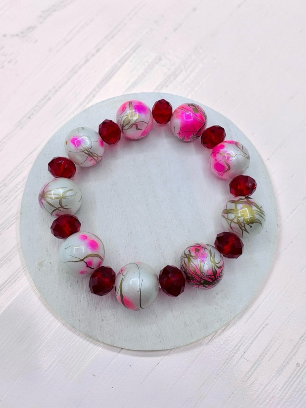 Handmade Pink & Red Beaded Stretch Bracelet | Statement Chunky Beads
